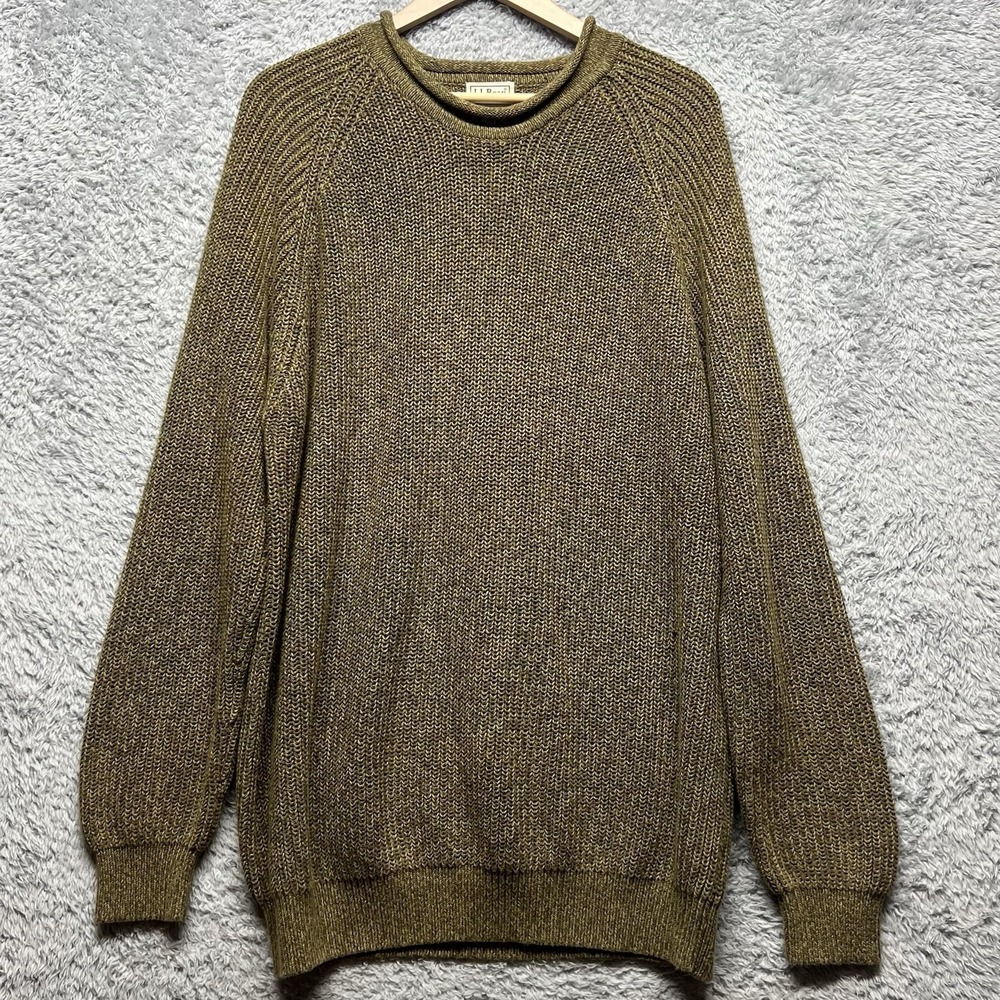 LL Bean Sweater Mens XXL 2XL Olive Brown Rollneck Crew Fisherman Ribbed Y2K
